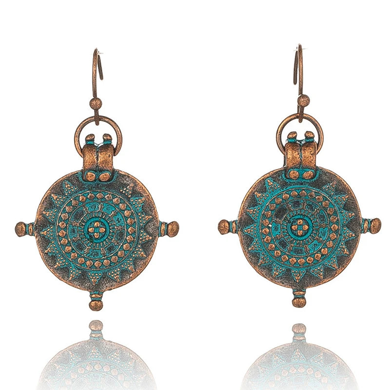 Vintage Ethnic Irregular Wheel Carved Copper Alloy Pendant Earrings for Weddings and Parties