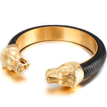 Gold Lion Head Stainless Steel Open Bangle Bracelet for Men with Adjustable Leather Strap