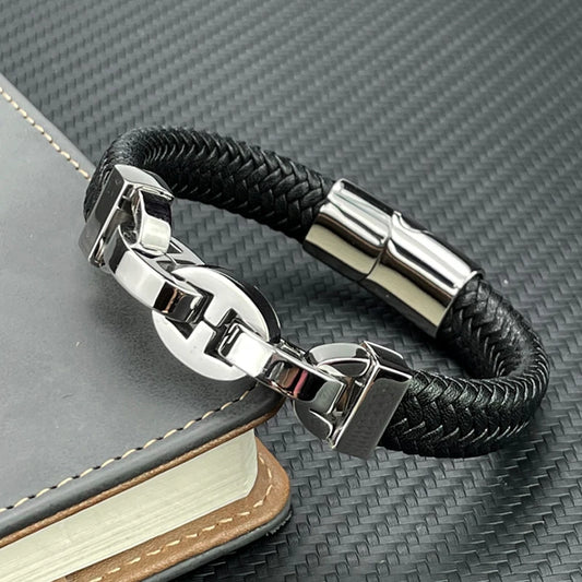 Men's Leather Braided Bracelet with Black Stainless Steel Beads - Stylish Punk Bangle for Men