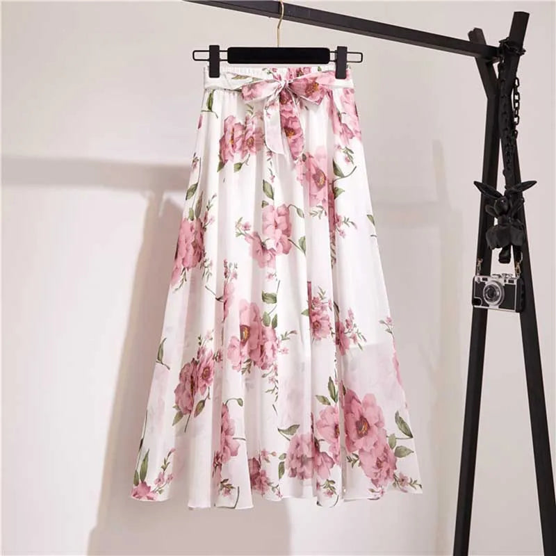 Chiffon Midi Skirt Women High Waist Korean Style White