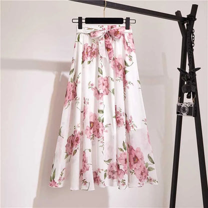 Chiffon Midi Skirt Women High Waist Korean Style White