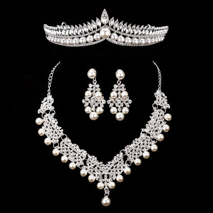 Bride's Crystal Pearl Jewelry Set - Stunning Rhinestone Choker, Earrings & Tiara for Your Dream Wedding