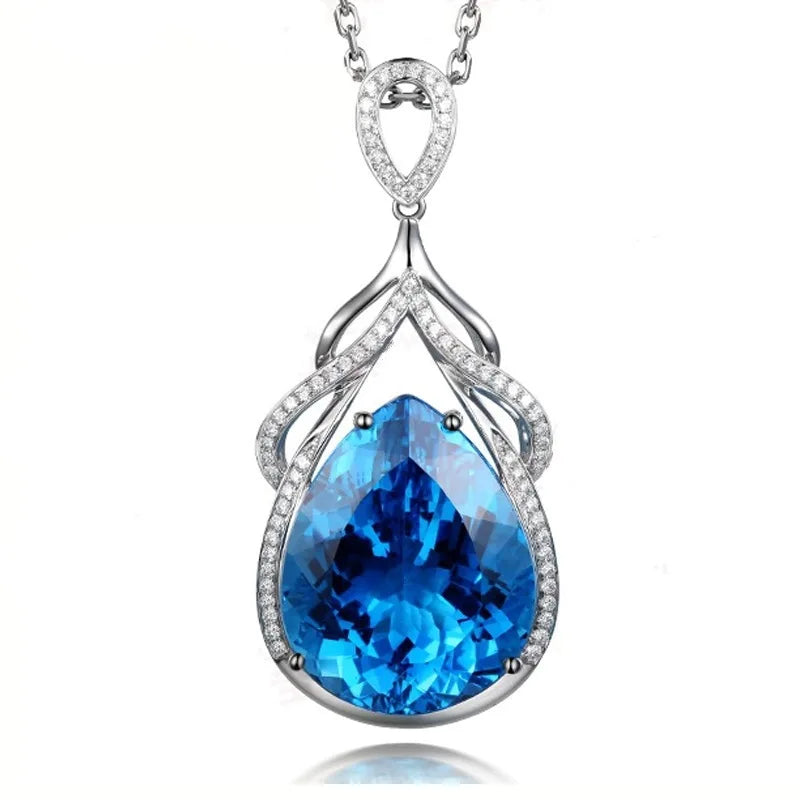 Elegant Water Drop Aquamarine Silver Necklace for Women - Romantic 925 Pendant Ideal for Weddings and Gifts
