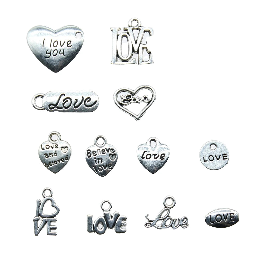 40pcs Antique Silver Love Heart Charms DIY Jewelry Set