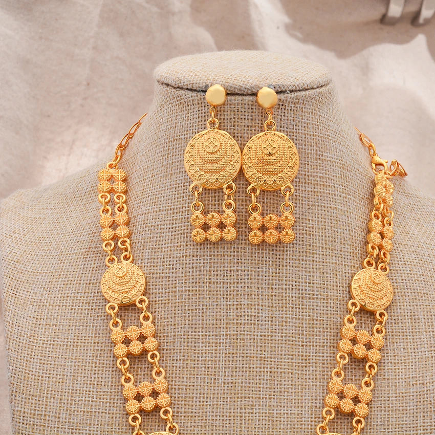 Dubai Gold Color African Jewelry Set for Women and Girls - Elegant Arabic Indian Wedding Necklace and Earrings