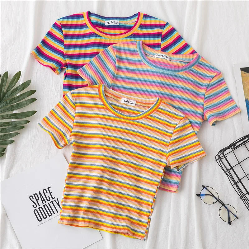 Rainbow Stripe Slim Fit Women T Shirt Short Sleeve Harajuku