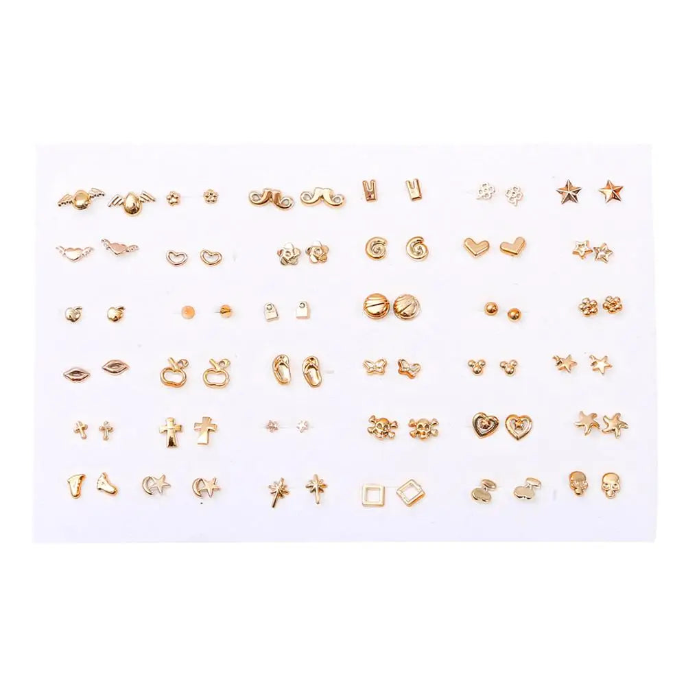 36 Pairs Women's Anti Allergic Stud Earrings Set with Random Styles Including Stars Bows Hearts and Flowers in Gold Color
