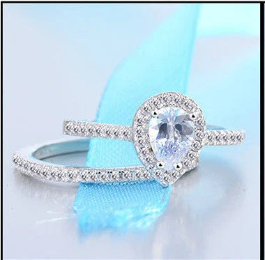 925 Sterling Silver Teardrop Zircon Engagement and Wedding Ring Set for Women WHITE