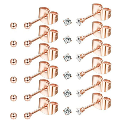 6 Pairs Tiny 2mm Stainless Steel Stud Earrings Set for Men and Women with CZ Round Ball Design