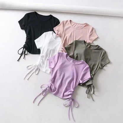 Sexy Side Drawstring Ruched Tank Knit Crop Tees Women 2024