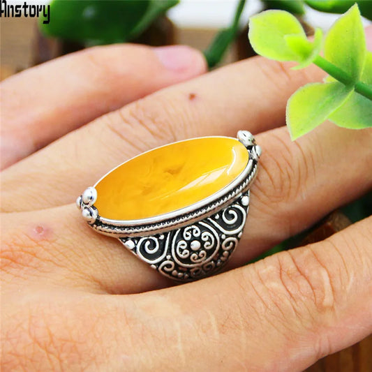 Vintage Eye Shape Resin Stone Ring for Women Silver Plated Antique Flower Design