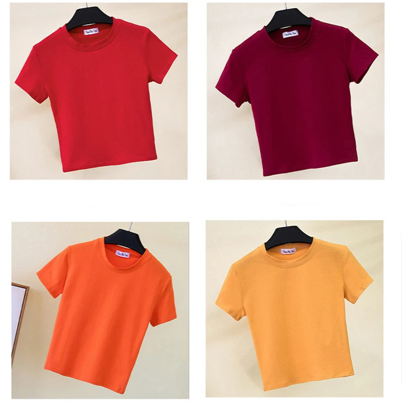 Cotton Crop Top Women O Neck Short Sleeve Slim Fit Soft