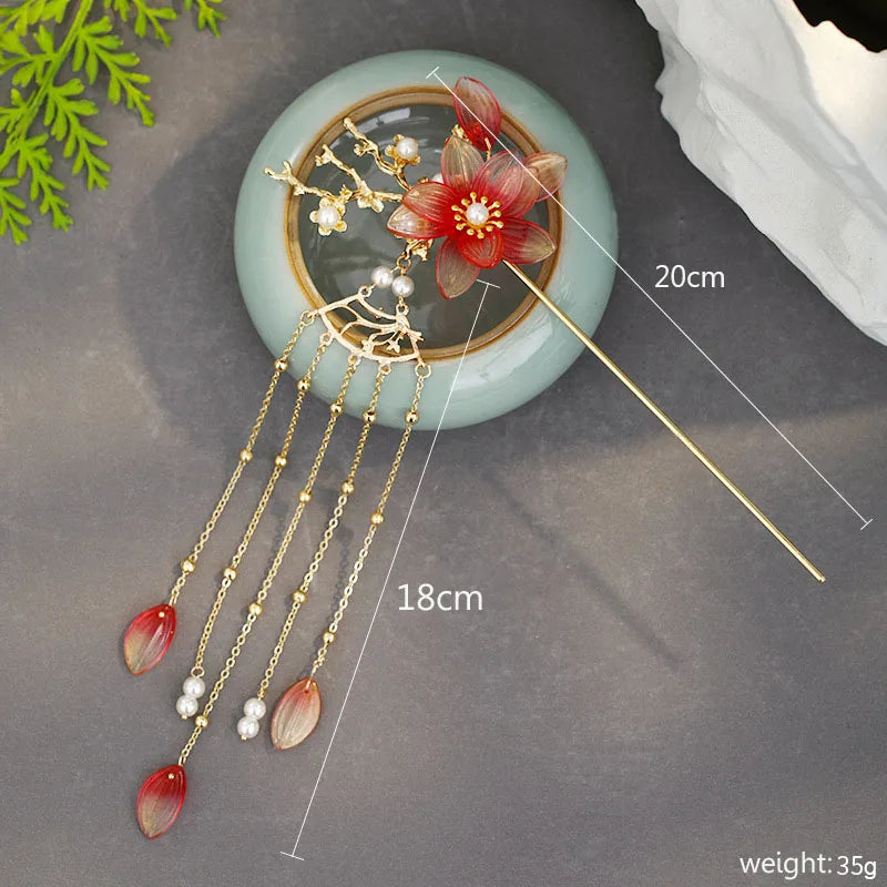 Elegant Gold Red Floral Pearl Long Tassel Hairpins Bridal Chinese Wedding Headpiece