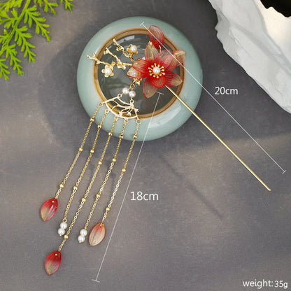 Elegant Gold Red Floral Pearl Long Tassel Hairpins Bridal Chinese Wedding Headpiece