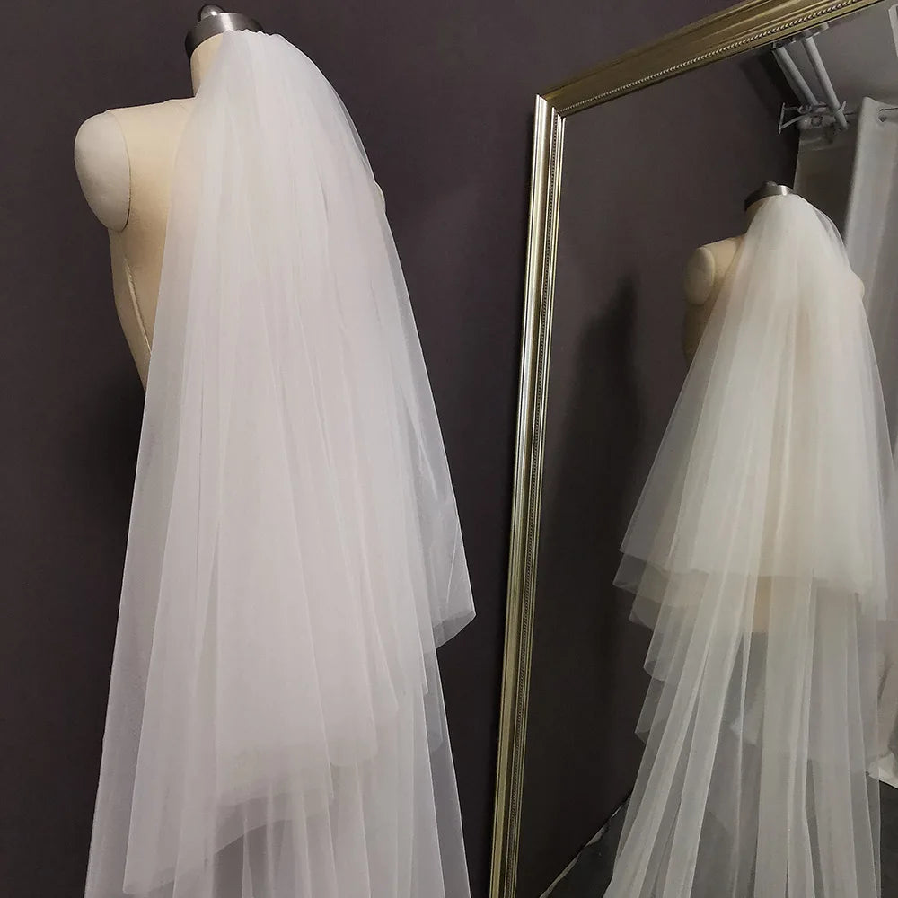 Elegant Custom Long Lace Wedding Veil with Comb and Blusher in White or Ivory