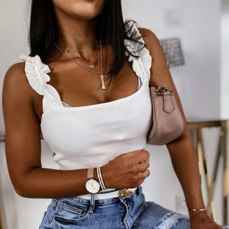 Women Knit Tank Top Square Collar Ribbed Ruffles Sleeveless