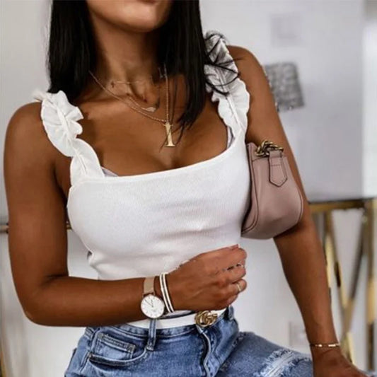 Women Knit Tank Top Square Collar Ribbed Ruffles Sleeveless