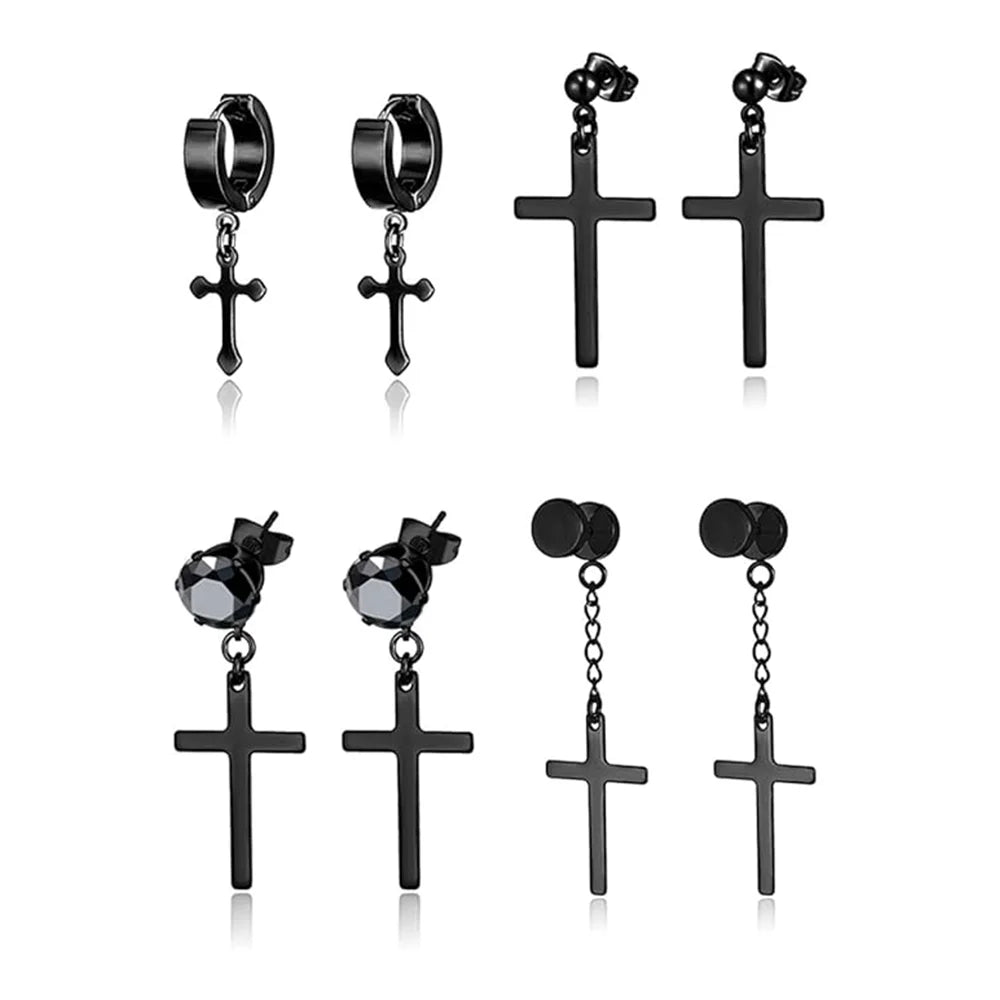 Men's Black Stainless Steel Zirconia Cross Earrings Set - Trendy Punk Style Piercing Jewelry