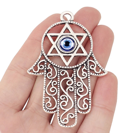 Large Tibetan Silver Hamsa Hand Charms for Necklace Jewelry Making 75x47mm