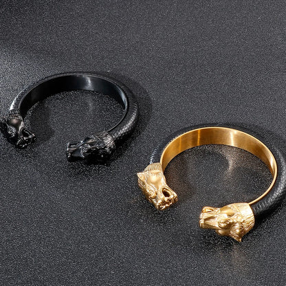 Gold Lion Head Stainless Steel Open Bangle Bracelet for Men with Adjustable Leather Strap