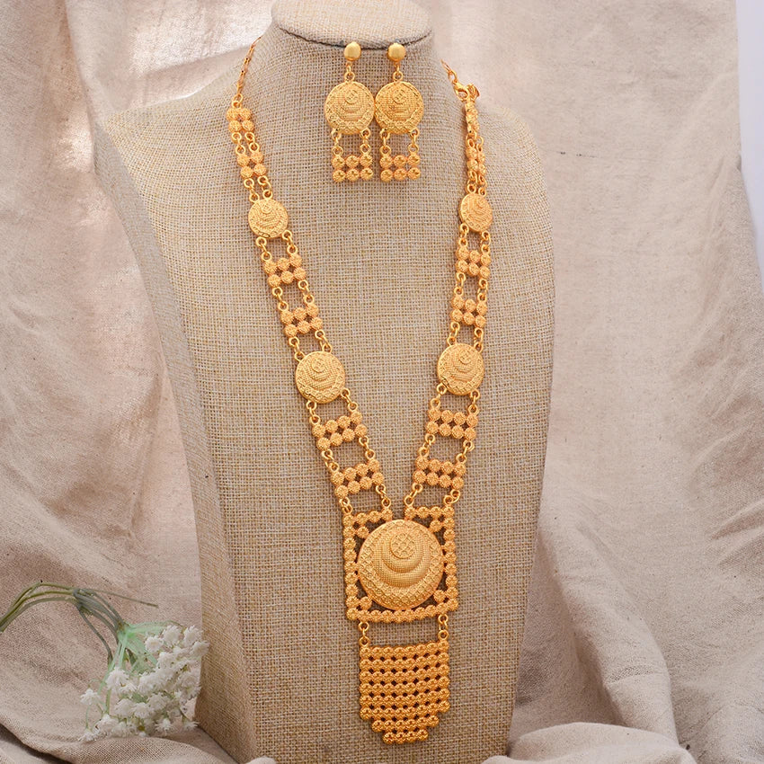 Dubai Gold Color African Jewelry Set for Women and Girls - Elegant Arabic Indian Wedding Necklace and Earrings