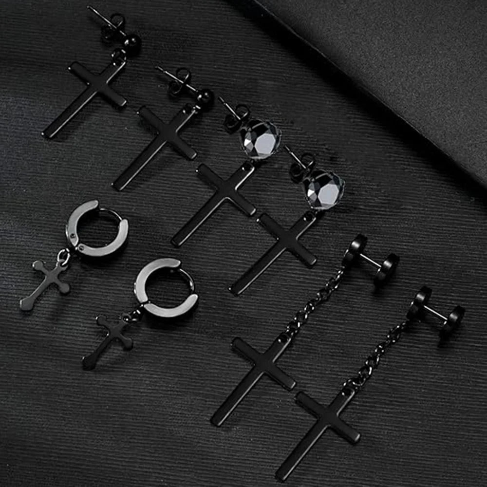 Men's Black Stainless Steel Zirconia Cross Earrings Set - Trendy Punk Style Piercing Jewelry