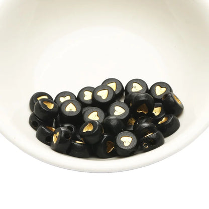 Chic Black Acrylic Beads with Gold Heart Design for Jewelry Crafting