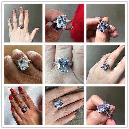 Huitan Luxury Big Square Crystal Stone Ring for Women Stylish Engagement Wedding Anniversary Gift