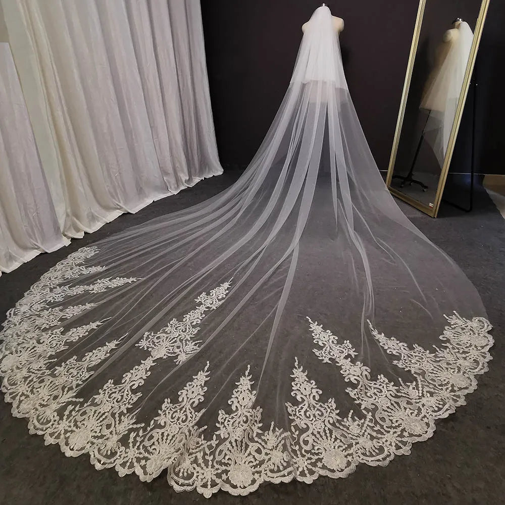 Elegant Custom Long Lace Wedding Veil with Comb and Blusher in White or Ivory
