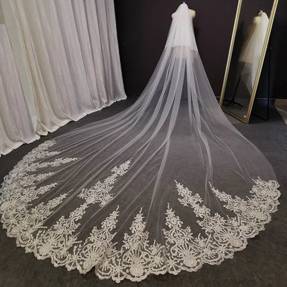 Elegant Custom Long Lace Wedding Veil with Comb and Blusher in White or Ivory