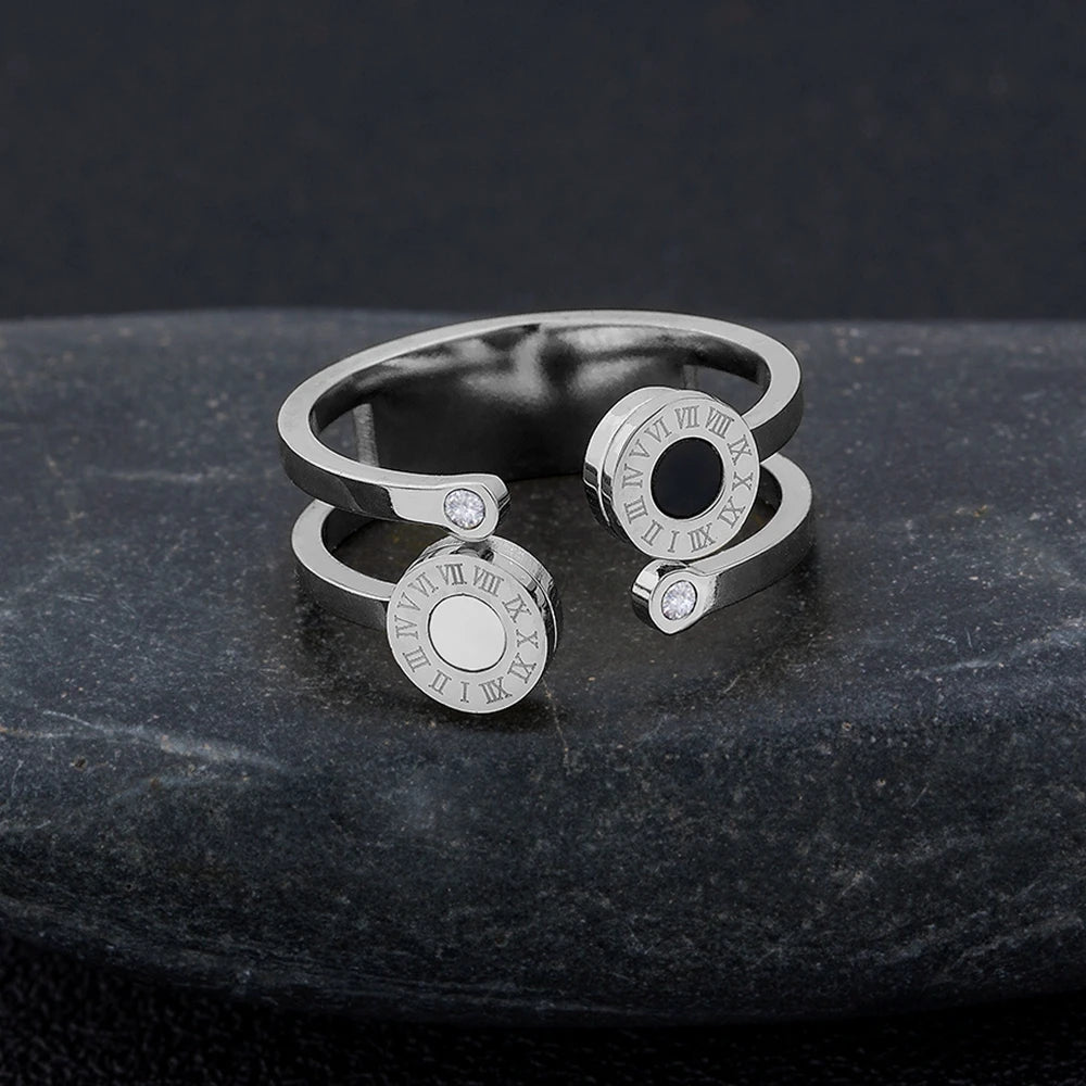 TYO Roman Numerals Stainless Steel Crystal Rings for Unisex Fashion Engagement