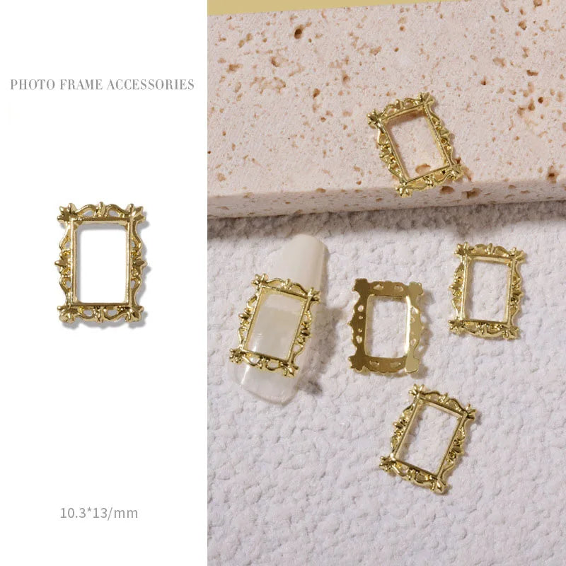 Vintage Gold 3D Charm Photo Frame Nail Art Kit with Alloy Studs - 5 Piece Set