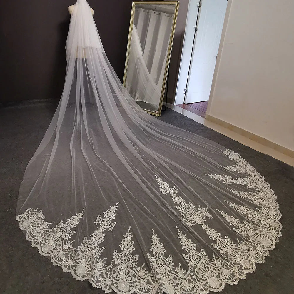 Elegant Custom Long Lace Wedding Veil with Comb and Blusher in White or Ivory
