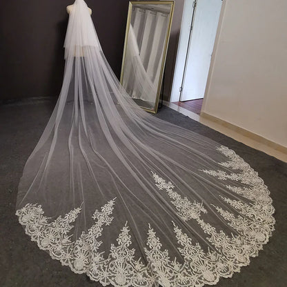 Elegant Custom Long Lace Wedding Veil with Comb and Blusher in White or Ivory