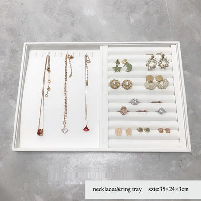 Elegant White PU Leather Jewelry Display Tray with Necklace and Ring Holder