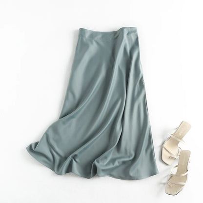 Summer Satin Midi Skirt Women High Waist Elegant Office