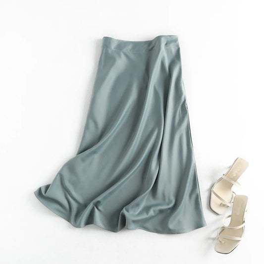 Summer Satin Midi Skirt Women High Waist Elegant Office