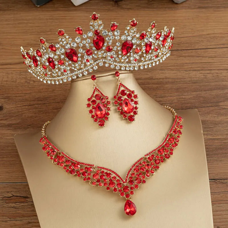 Baroque Crystal Water Drop Bridal Jewelry Set - Top-Rated Rhinestone Tiara, Necklace & Earring Gift for Brides Red 1