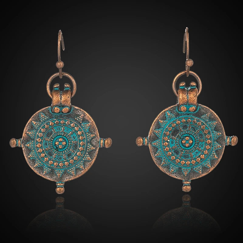 Vintage Ethnic Irregular Wheel Carved Copper Alloy Pendant Earrings for Weddings and Parties