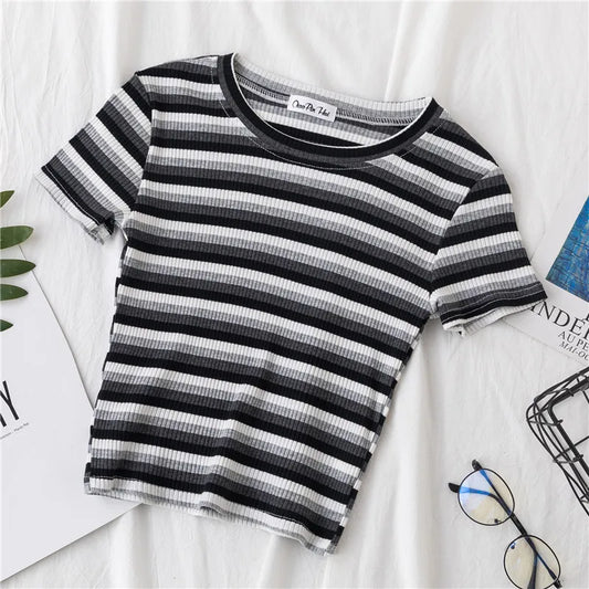 Rainbow Stripe Slim Fit Women T Shirt Short Sleeve Harajuku