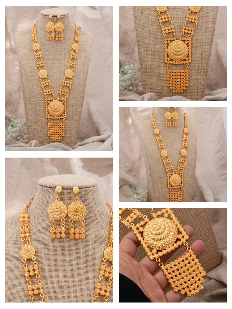 Dubai Gold Color African Jewelry Set for Women and Girls - Elegant Arabic Indian Wedding Necklace and Earrings