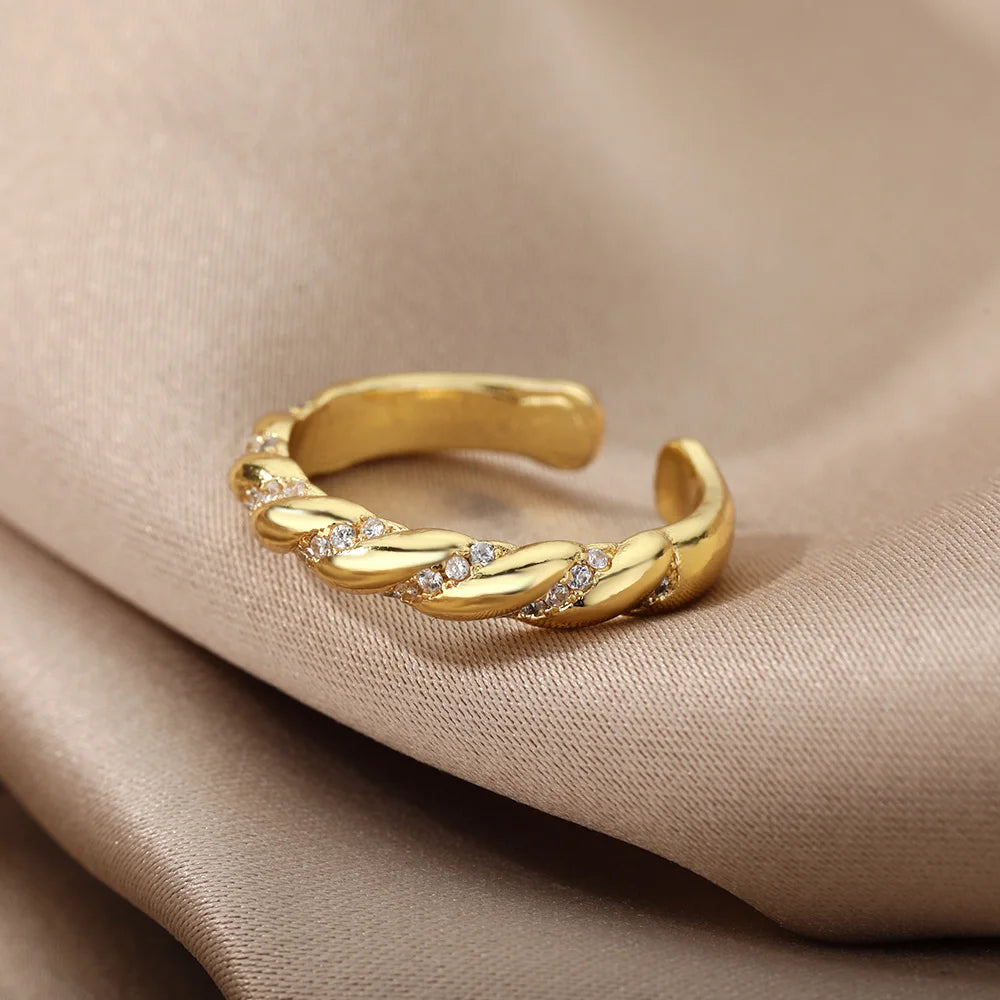 Gold Zircon Stainless Steel Geometric Open Ring for Women