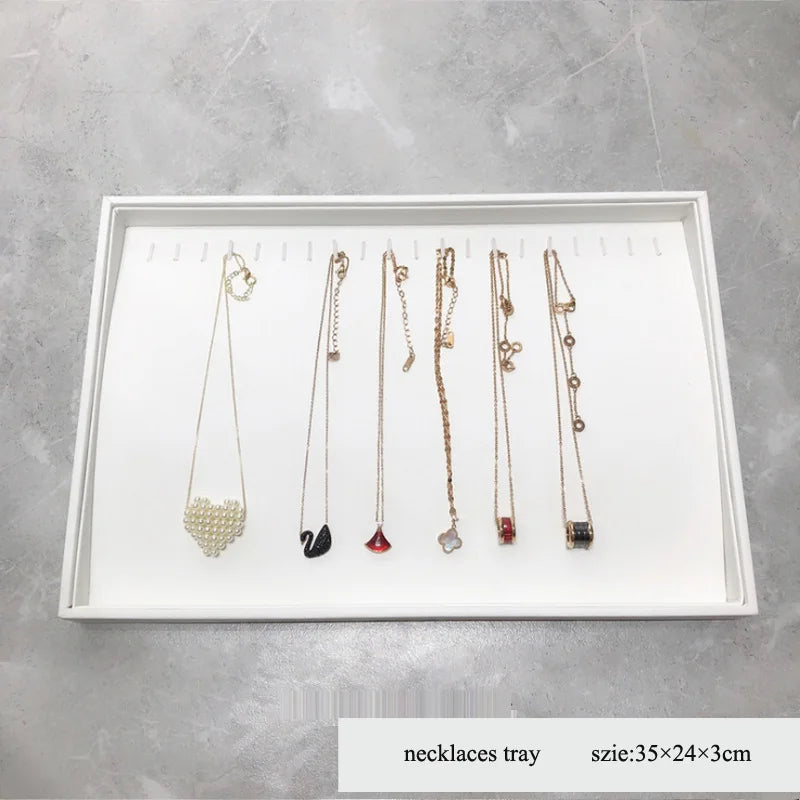 Elegant White PU Leather Jewelry Display Tray with Necklace and Ring Holder