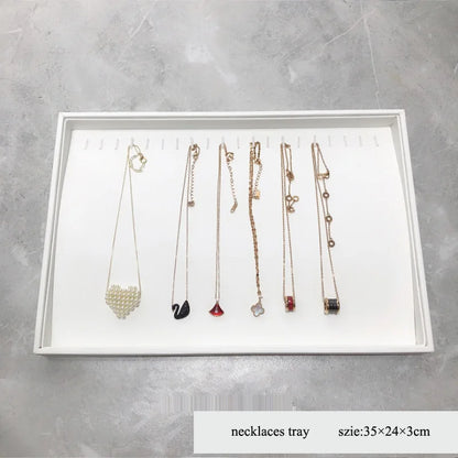 Elegant White PU Leather Jewelry Display Tray with Necklace and Ring Holder