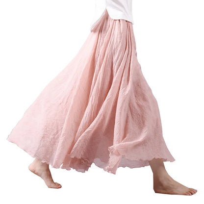 Boho Linen Cotton Maxi Skirt Elastic Waist Beige Pink