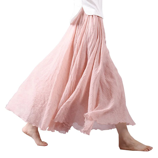 Boho Linen Cotton Maxi Skirt Elastic Waist Beige Pink