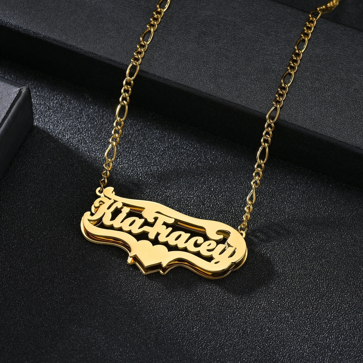 Customized Double Layer Heart Name Necklace for Men and Women with Adjustable Thick Figaro Chain