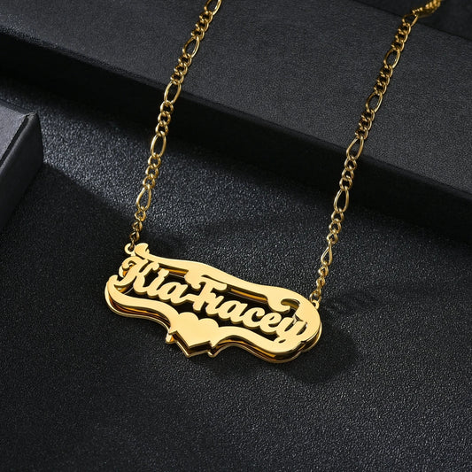Customized Double Layer Heart Name Necklace for Men and Women with Adjustable Thick Figaro Chain