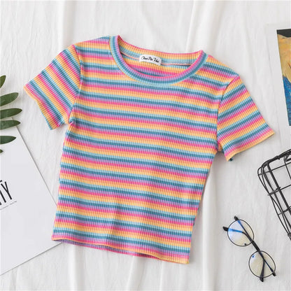 Rainbow Stripe Slim Fit Women T Shirt Short Sleeve Harajuku