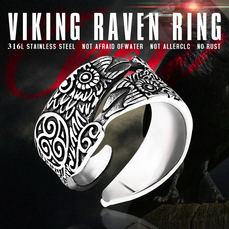 Odin's Raven Viking Rings Set for Men - Norse Mythology Wolf Totem Jewelry